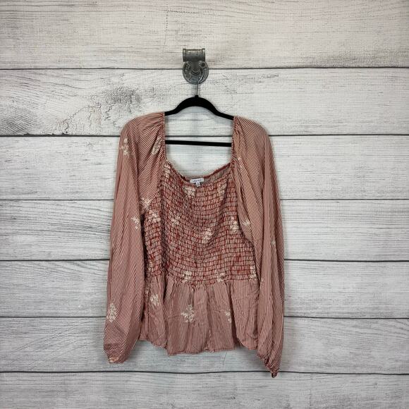 White Birch Plus Size Red & Cream Embroidered Striped Smocked Blouse Size 3X - Picture 1 of 7